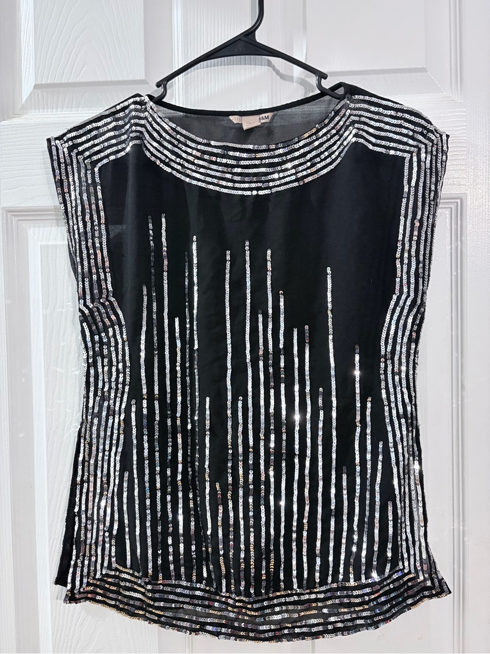 H&M Black Sheer Silver Sequin Embellished Blouse US 4